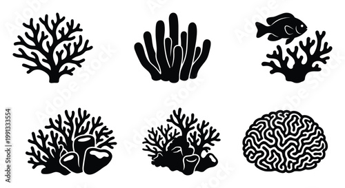 Underwater ecosystem collection of diverse coral reef silhouettes and marine fish for aquatic graphics