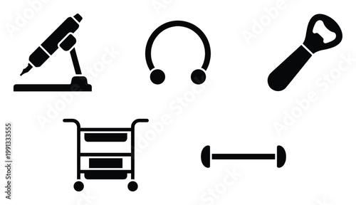 Diverse black silhouettes representing a soldering iron, bottle opener, body piercing, and utility trolley for numerous applications