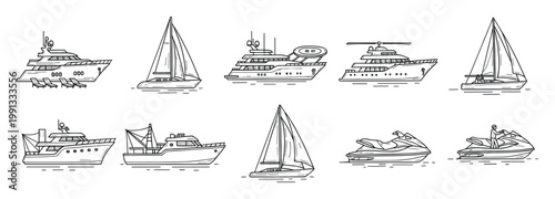 Variety of nautical vessel line drawings featuring yachts sailboats fishing boats and personal watercraft ideal for vacation and leisure concepts.