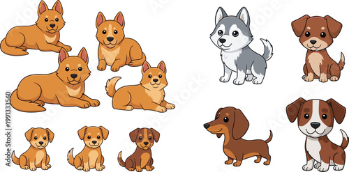 Cute dog cartoon character collection with different breeds puppies and poses vector illustration set of adorable pets isolated on light background