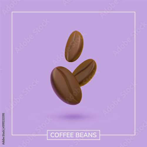 Realistic 3D coffee beans on violet background. Perfect vector web banner for cafe adverstment, cappuccino packaging, or morning beverage designs.