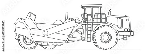 Continuous line drawing of heavy construction wheel tractor scraper for engineering and industrial presentations