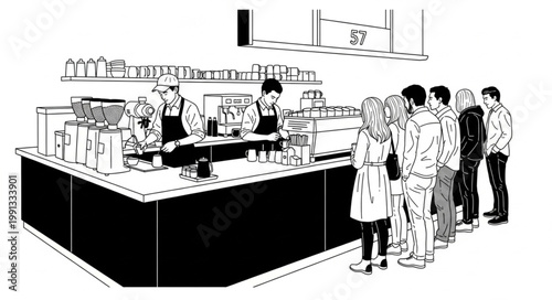 People queuing at a cafe counter for service.