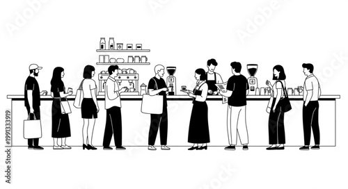 People queuing at a coffee shop counter for drinks and snacks.