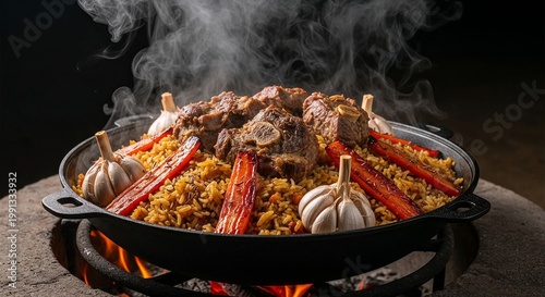 Uzbek plov in traditional kazan with lamb and caramelized carrots