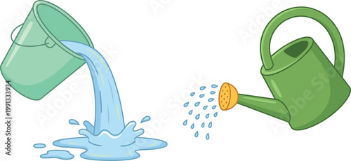 Watering Plants Concept Illustration with Bucket Pouring Water and Green Watering Can Sprinkling Drops for Gardening, Irrigation, Care, and Growth Vector Design