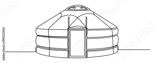 Continuous line drawing of a traditional Mongolian yurt perfect for cultural travel guides and nomadic lifestyle concepts