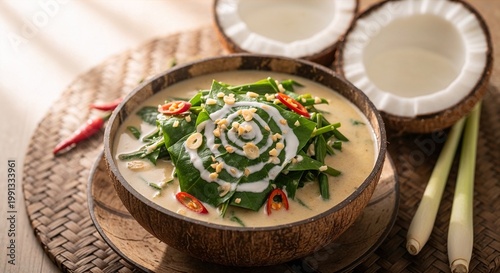 Filipino laing taro leaf coconut stew in coconut shell bowl