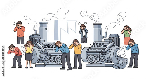 People reacting to loud industrial machinery and pollution.