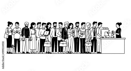 People standing in a long queue at a counter.