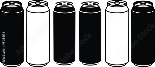Aluminum Soda Can Set in Black and White Variations with Multiple Beverage Containers for Packaging Mockup, Drink Branding, Minimal Line Vector Illustration Design