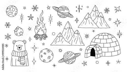 Outline illustration featuring a cozy polar bear, winter mountains, space planets, and camping fire for various creative projects.