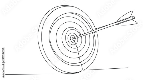 Continuous line drawing of an archery target with an arrow hitting the bullseye symbolizing success and achieving goals