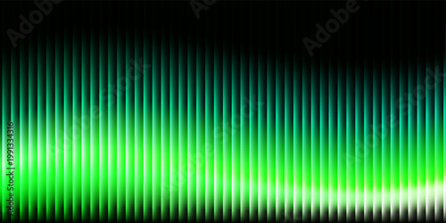Abstract graphic displays glowing vertical green light bars creating a mesmerizing wave form against deep black fading to transparency offering a futuristic electronic texture.
