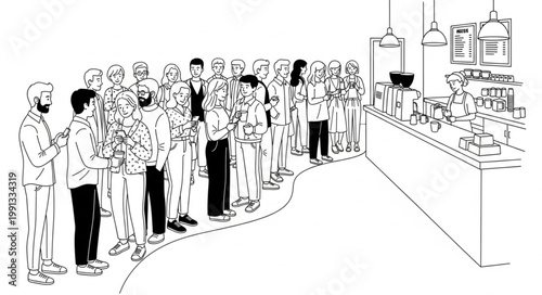 People Standing in Line at a Counter.