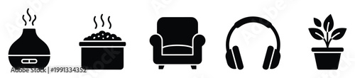 Collection of cozy home essentials icons for comfort and relaxation ideal for wellness and lifestyle applications