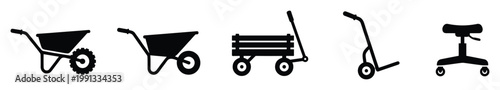 Versatile collection of black utility equipment silhouettes featuring wheelbarrows, garden wagon, hand truck, and rolling stool for gardening and moving tasks.