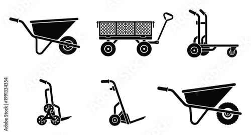 Variety of wheeled utility carts and wheelbarrows providing practical solutions for various material handling tasks