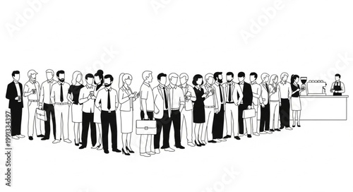 People waiting in line at a bank counter for service.