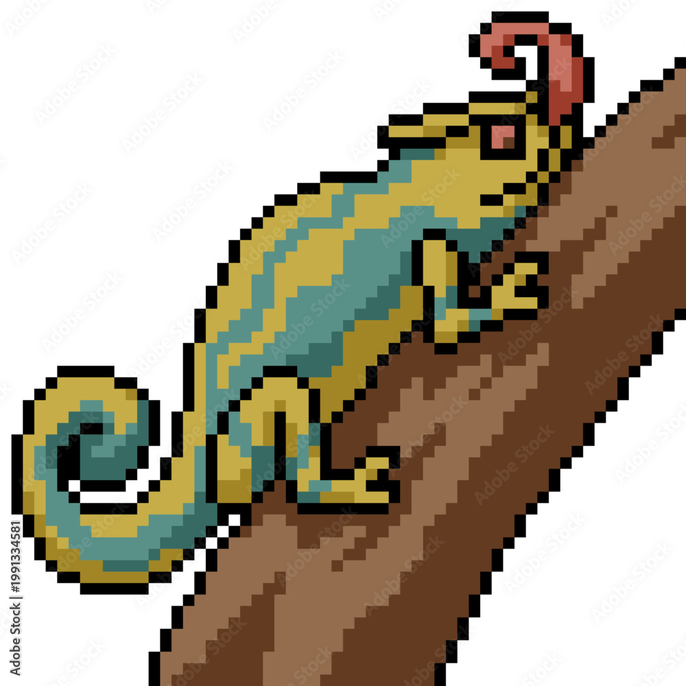 Obraz premium pixel art isolated background of lizard climbing tree branch
