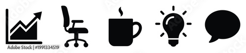 Symbolic business icons illustrating professional growth, comfortable workspace, stimulating ideas, and effective communication