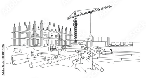 Line drawing of a construction site with building frame, tower crane, and complex pipe network for engineering.