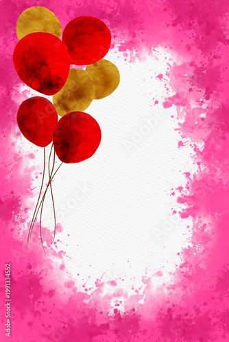 Watercolor Invitation Design with Red and Gold Balloons, Pink Paint Splash Background, Paper Texture, Elegant Party Template