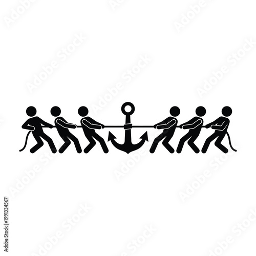 People pulling anchor rope teamwork struggle