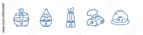 Home air quality appliance icons set including humidifier, vaporizer and diffuser