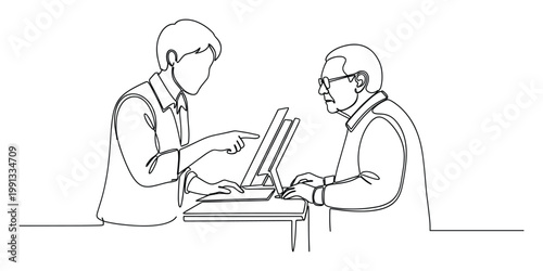 Continuous line drawing of two individuals, one instructing another on laptop computers, perfect for digital education or technology training resources.