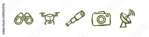 Set of Hand-Drawn Observation and Tech Gadget Icons in Olive Green Doodle Style
