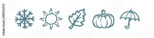 Seasons and Weather Hand Drawn Icon Set with Snowflake Sun Leaf and Pumpkin