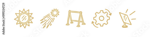 Set of Hand-Drawn Solar Energy and Mechanical Icons in Gold Doodle Style