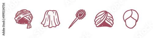Set of Hand-Drawn Cultural Headwear and Turban Icons in Maroon Doodle Style