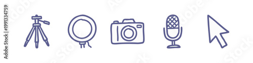 Set of Hand-Drawn Photography and Content Creation Icons in Purple Doodle Style