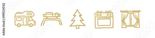 Set of Hand-Drawn Camping Trip and Home Life Icons in Gold Doodle Style