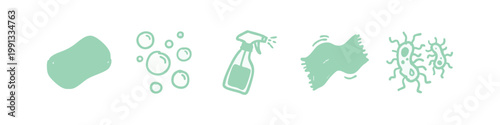 Set of Hand-Drawn Hygiene and Household Cleaning Icons in Light Green Doodle Style
