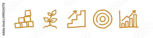 Set of Hand-Drawn Business Growth and Success Concept Icons in Gold Doodle Style