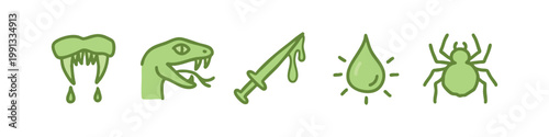 Hand-drawn icons: fangs, snake head, dripping dagger, drop of liquid, spider