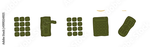 Hand-drawn icons: keypad, door handle, keypad, calculator, remote control