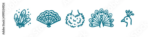 Hand-drawn icons: foliage, fan, fluffy ball, peacock feathers, peacock head