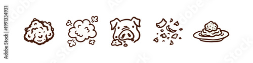 Hand-drawn icons: crumble, puff of smoke, pig face, crumbs, dessert