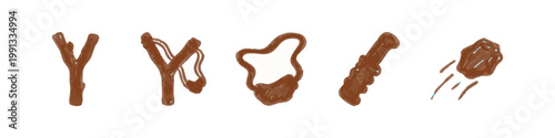 Hand-drawn icons: slingshot, projectile, and abstract brown shapes
