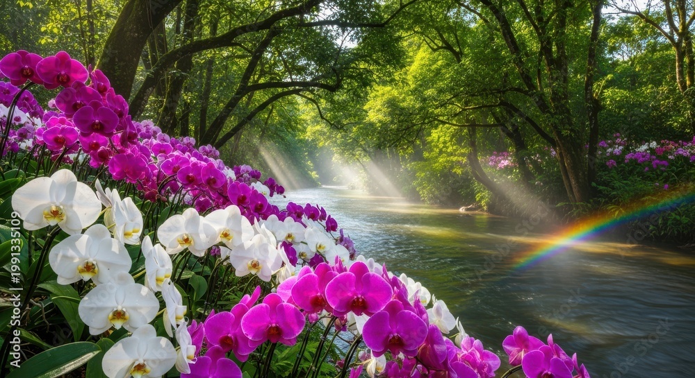 Obraz premium Beautiful pink flowers bloom in a lush spring park garden near a cascading waterfall and rocky stream nestled within a serene forest landscape