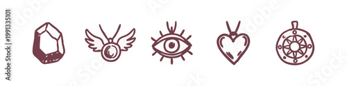 Purple hand-drawn icons of amulets, crystals and symbolic jewelry