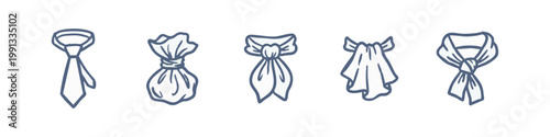 Blue hand-drawn icons of different types of neckwear and scarves