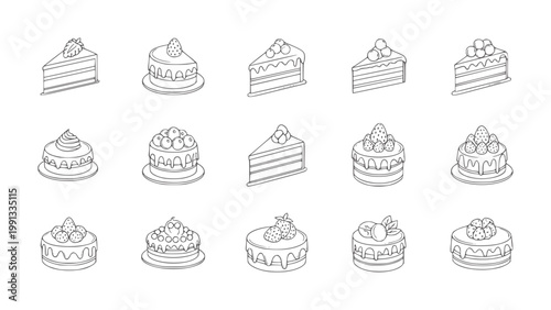 Collection of hand drawn line cakes and cake slices with berries strawberry blueberry