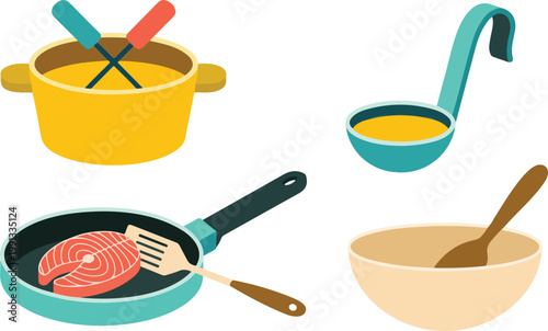 Minimal cooking utensils set with fondue pot ladle pan and mixing bowl flat vector kitchen illustration on white background