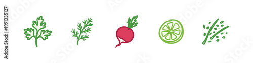 Green hand-drawn icons of herbs, vegetables and citrus fruit