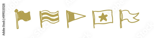 Collection of hand-drawn gold icons of various flags and banners
